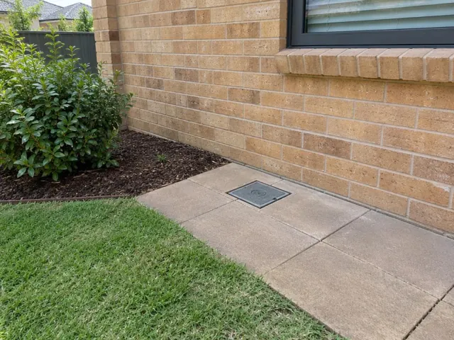 Paved area beside a brick house with a capped access point and tidy lawn in The Ponds