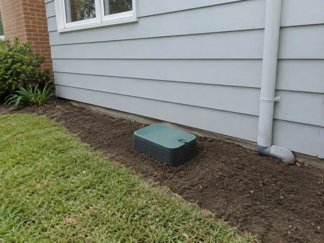 Capped sewer inspection opening beside a house wall and downpipe with tidy soil in Box Hill